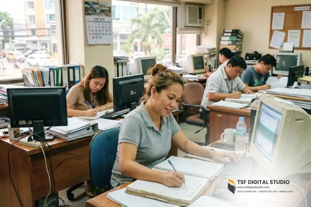 Open-office scene with several employees at desks, some typing and others writing on papers; calendar and file stacks visible in the background.