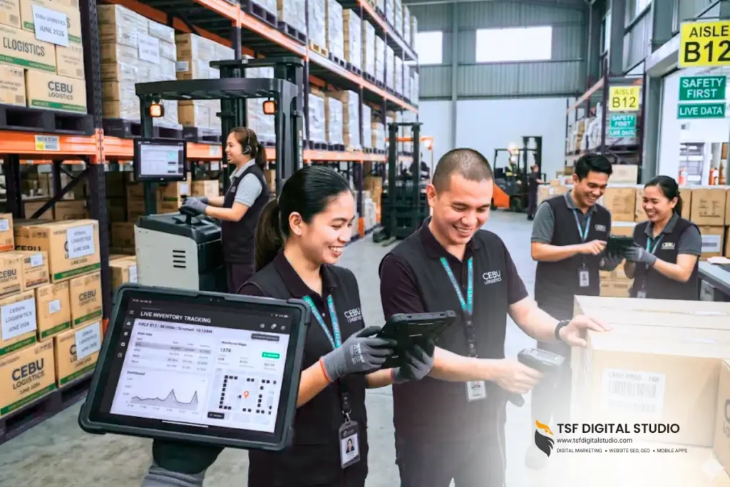 Warehouse workers use handheld scanners and a tablet to track inventory near tall shelves.